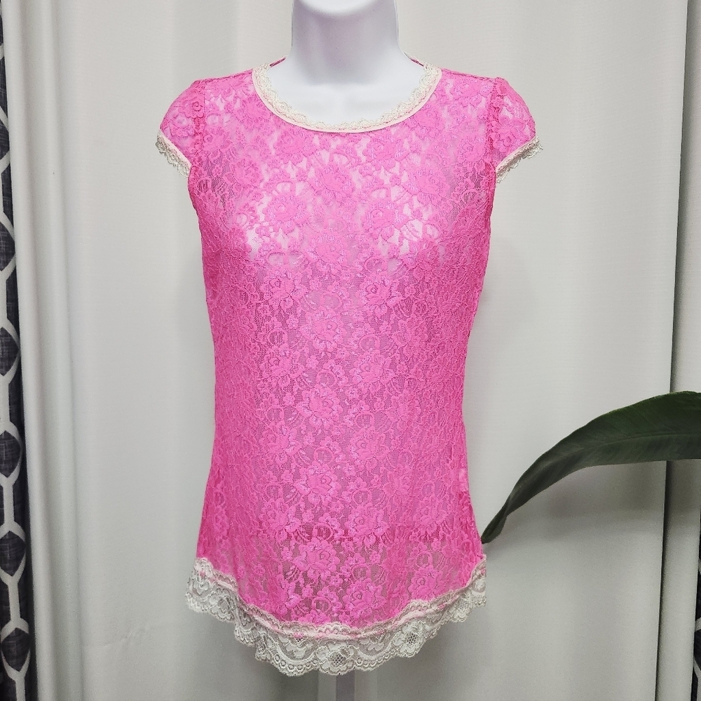 Y2K Jj. Milano Vibrant Pink Lace Sheer Blouse with Cream Accent Lace Trim